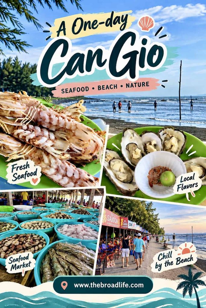 Pinterest travel guide featuring a one-day Can Gio seafood trip from Ho Chi Minh City, with fresh seafood, beach views, and a local seafood market