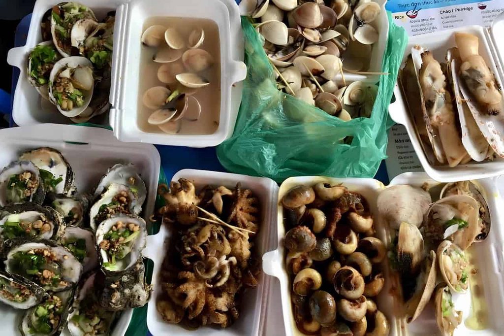 A selection of oysters, clams, squid and other seafood from Can Gio