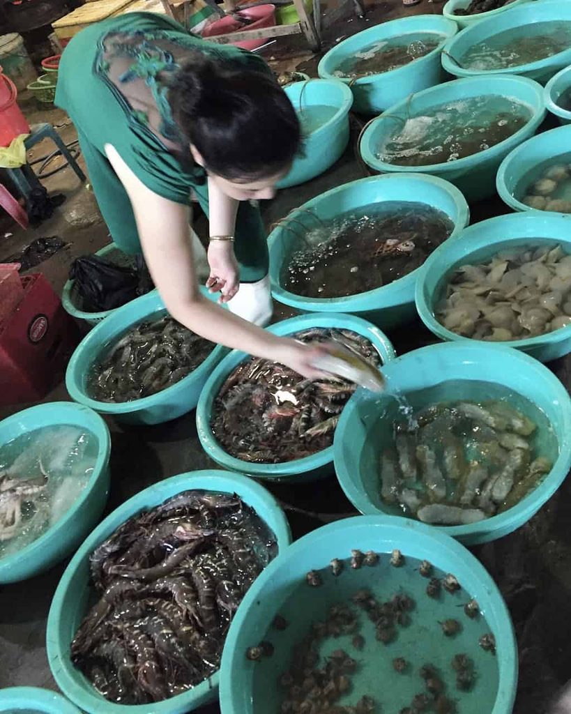 Seafood seller selecting fresh shrimp at a market in Can Gio, Vietnam