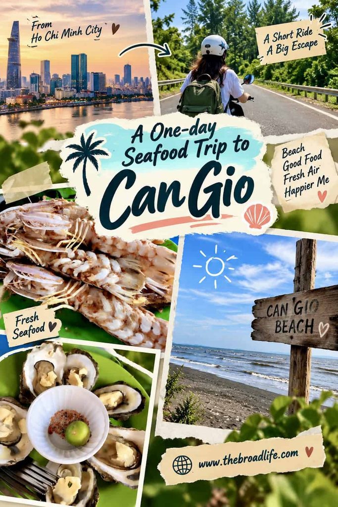 Storytelling Pinterest board about a one-day trip from Ho Chi Minh City to Can Gio, featuring a motorbike ride, fresh seafood, Can Gio Beach, and local flavors
