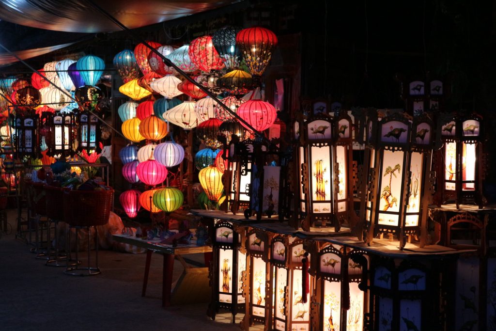 Colorful lanterns glowing at night in Hoi An Ancient Town, Vietnam