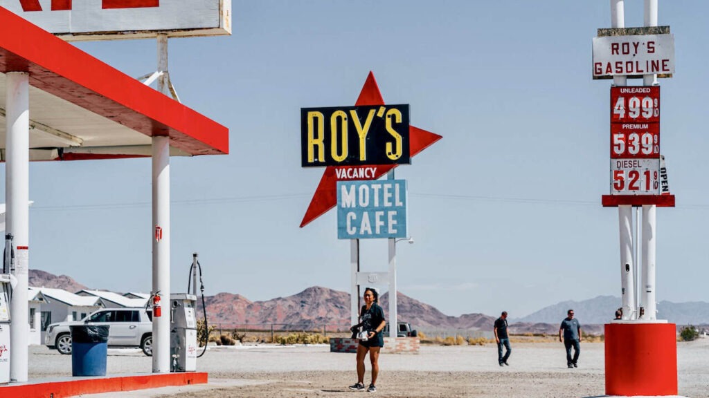 Road trip traveler stopping at a gas station in the American desert