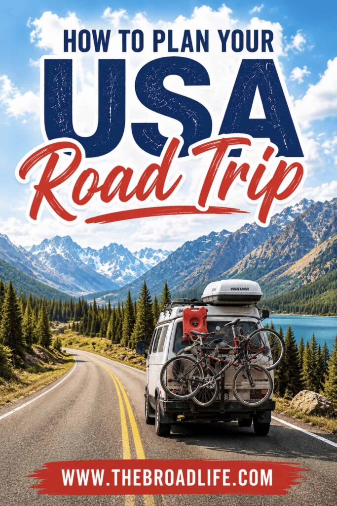 USA road trip planning guide with a scenic mountain highway, camper van, and lake