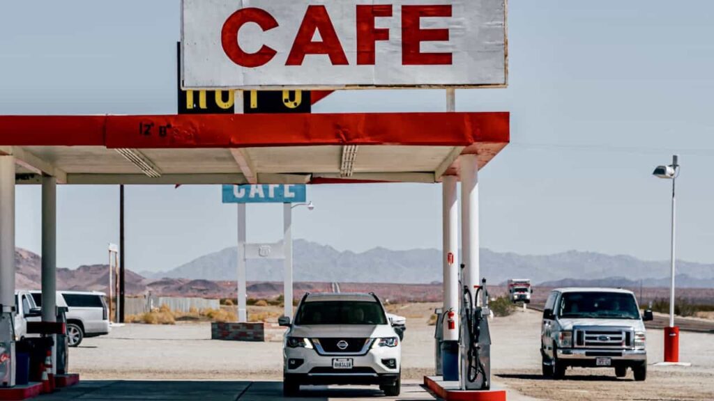 Classic roadside gas station and cafe on an American road trip
