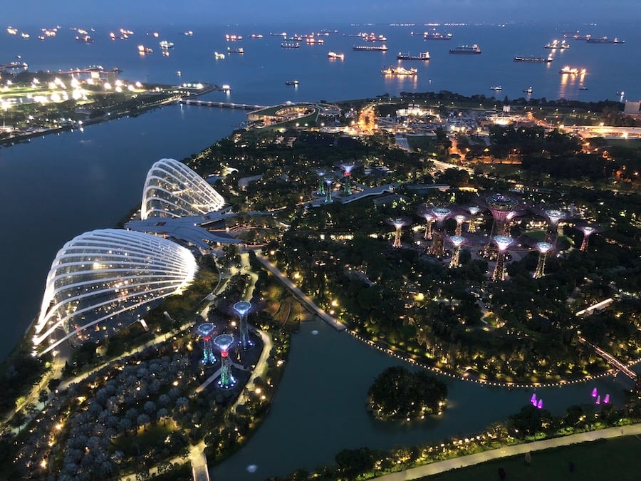 Gardens By The Bay at night. View from Marina Bay Sands Sky Deck, Singapore