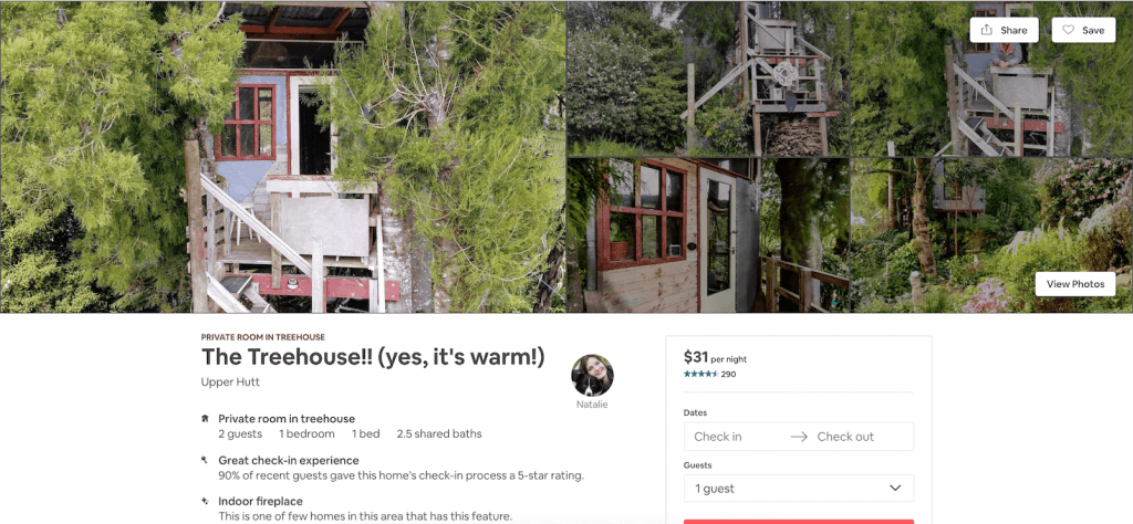 Tree house with indoor fireplace in New Zealand, a listing on Airbnb