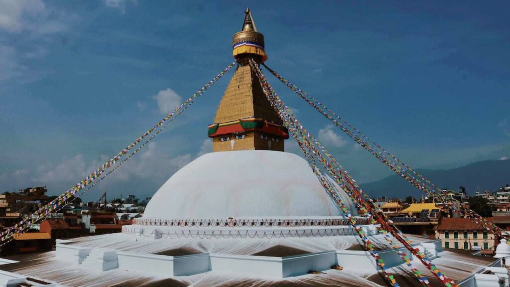 Boudhanath Stupa with colorful Buddhist prayer flags in Kathmandu Nepal