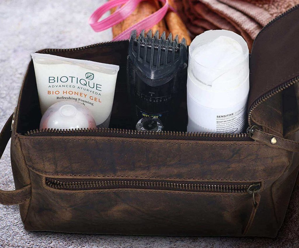 a leather dopp kit, 1-compartment toiletry bag