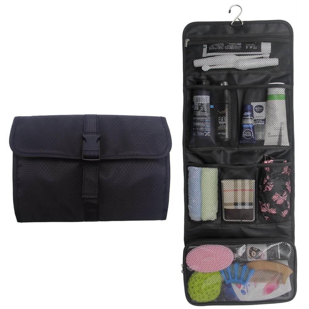 A typical roll-up, hanging toiletry bag