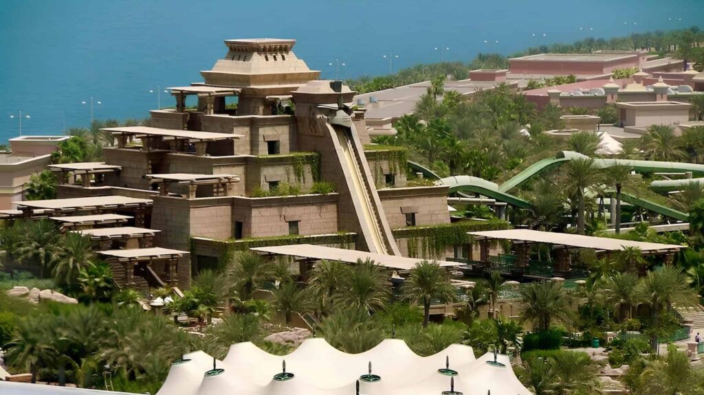 Aquaventure Waterpark at Atlantis with water slides and tropical landscaping is a reason to visit Dubai