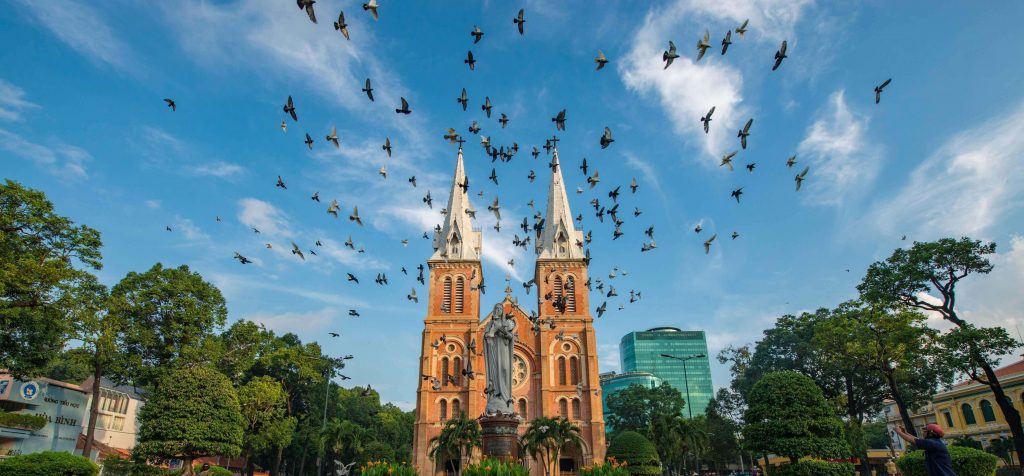 Notre Dame Cathedral of Saigon and the birds flying