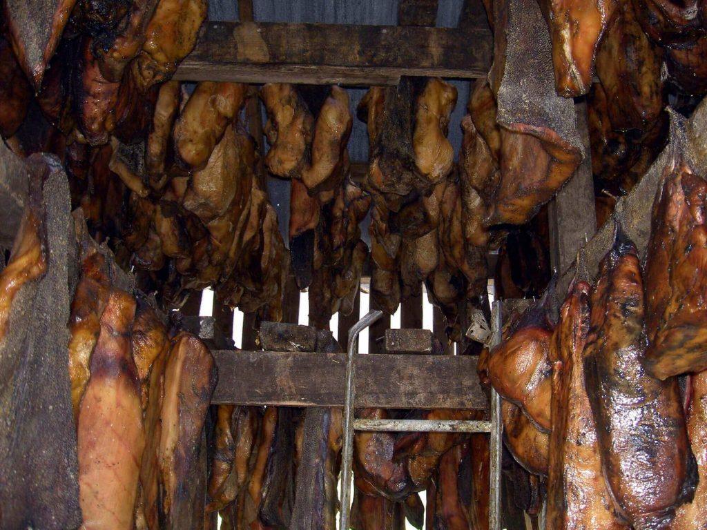 The shark meats are hung in a warehouse to make Hakarl, one of the smelly foods in the planet