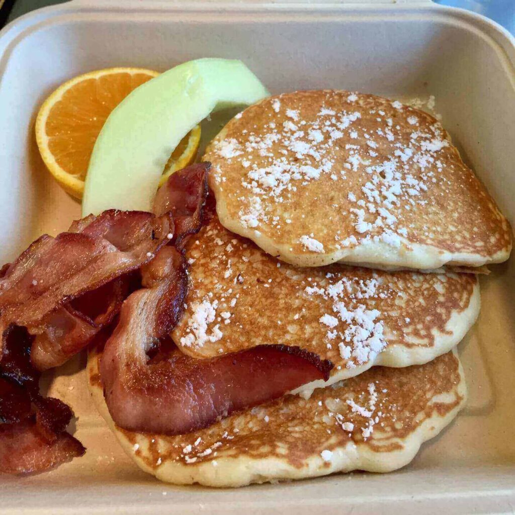 Buttermilk pancakes and bacon for breakfast