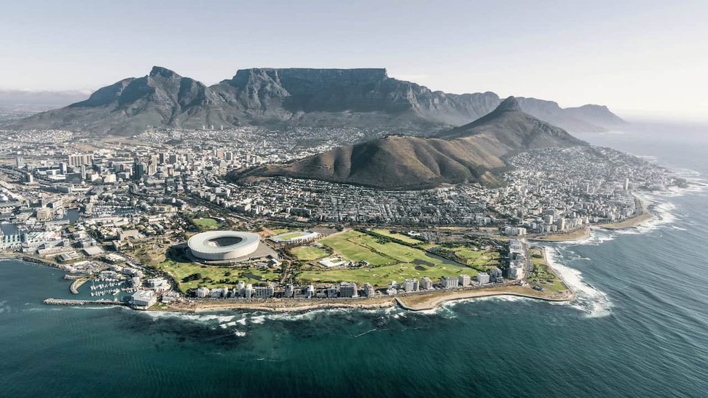 Aerial view of Cape Town with Table Mountain and the Atlantic Ocean