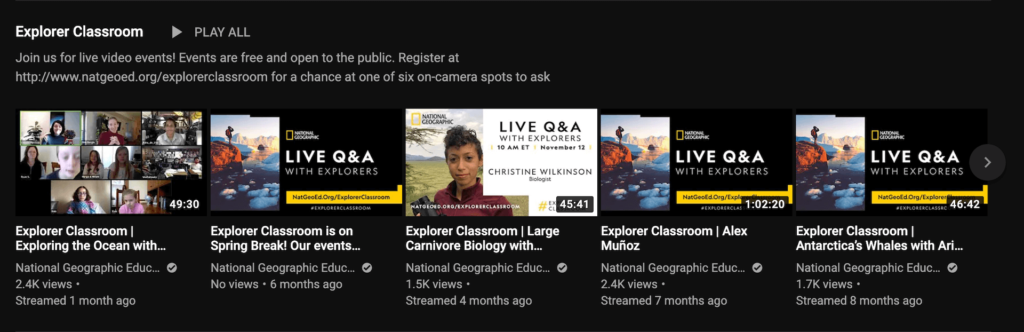National Geographic's Explorer Classroom on Youtube