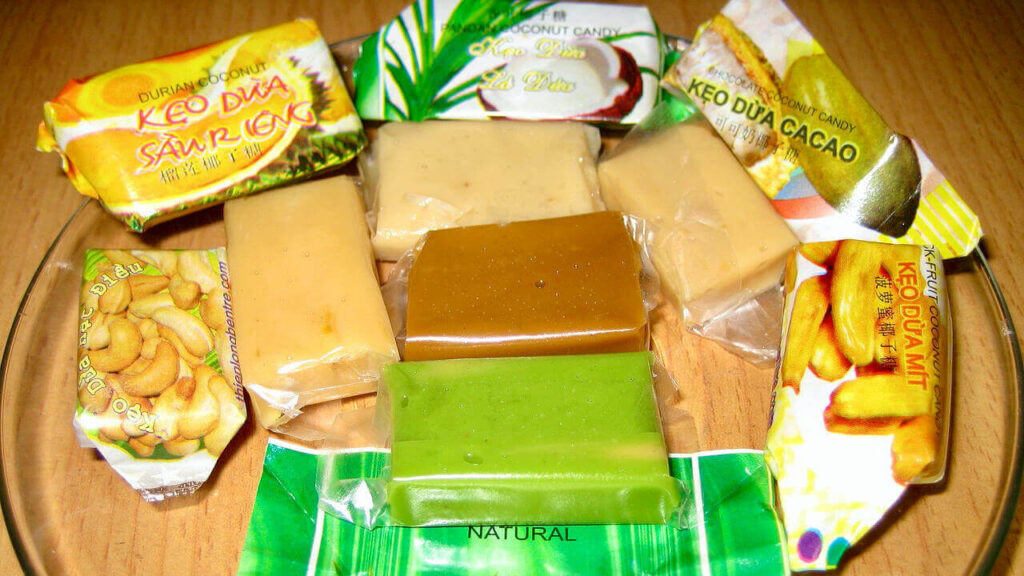 different flavors of coconut candies are good travel gifts in vietnam to buy