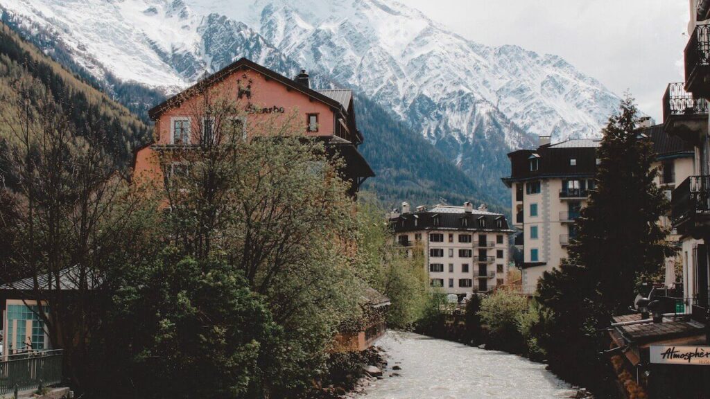Chamonix resort area at the base of Mont Blanc mountain in Western Alps