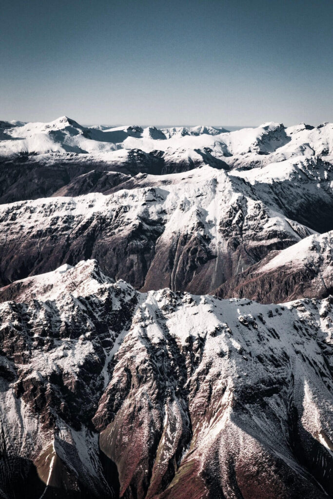 An aerial view of the ice plateau Southern Alps.