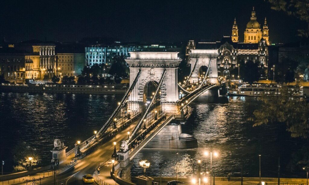 ornate széchenyi chain bridge at night