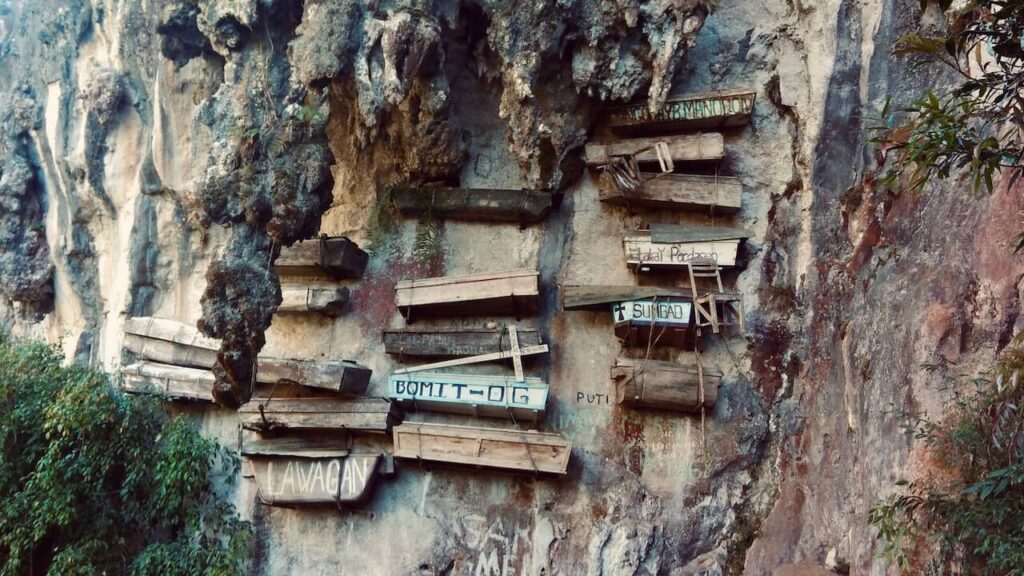 coffins hanging on cliff wall Sagada Philippines