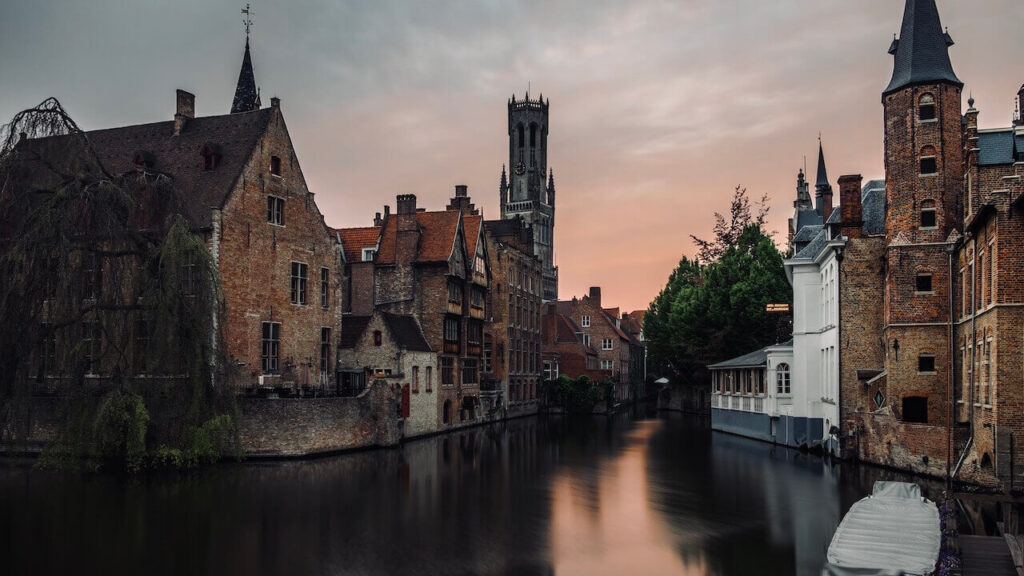 city of Bruges in Belgium in sunset