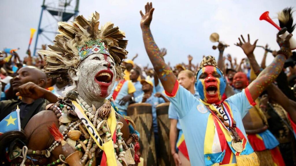 Congolese fans celebrate in the CHAN final between DR Congo and Mali on Sunday