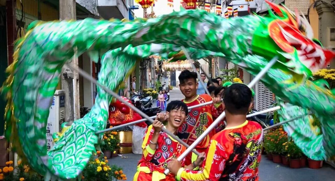 dragon dance in lunar new year in vietnam 2020