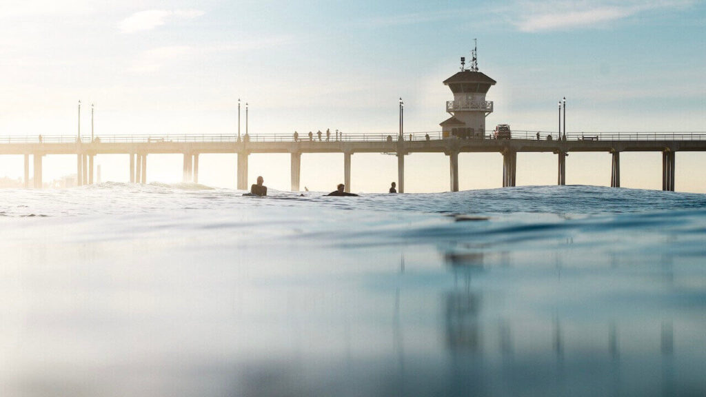 A view of Huntington beach pier from the water's surface