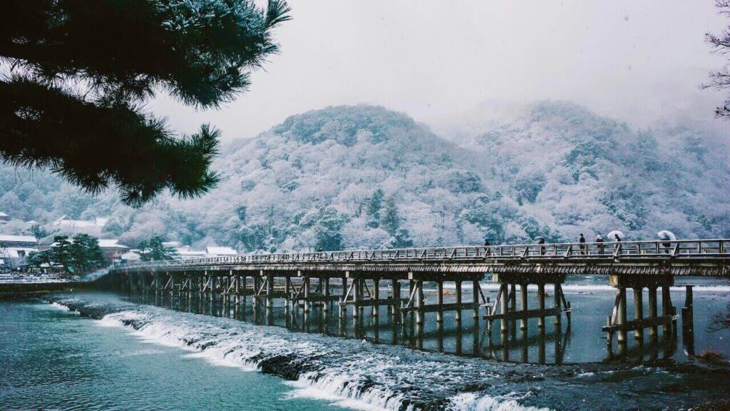 Togetsukyo bridge is covered by snow in the winter