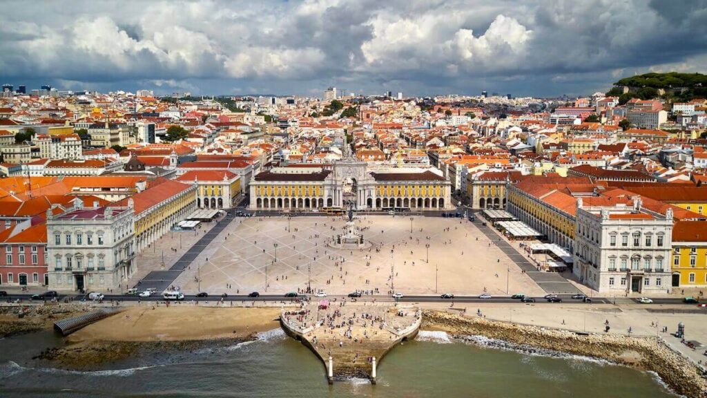 View from above of Lisbon's main square and Baixa area behind