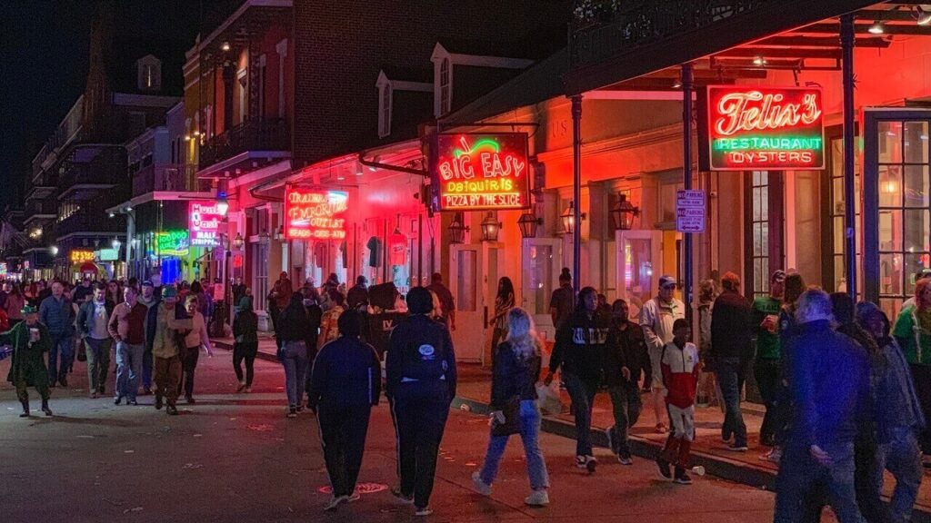 many restaurants on Bourbon Street New Orleans at night