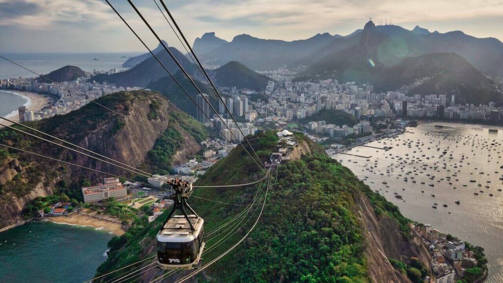 A View from a cable car over Copacabana to downtown Rio de Janeiro, Brazil, one of the most photogenic places in the world