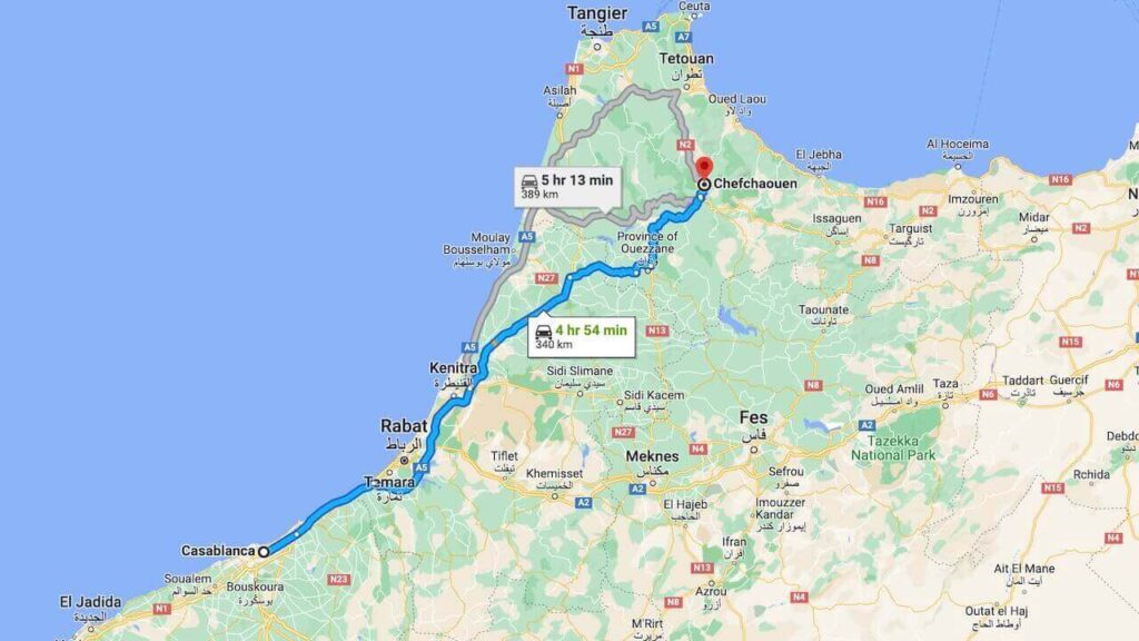 It takes about 4 hours and 54 mins for getting from Casablanca to Chefchaouen Morocco