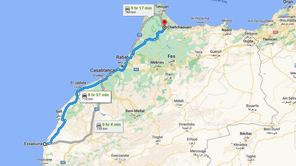It takes about 8 hours and 57 mins for getting from Essaouira to Chefchaouen Morocco