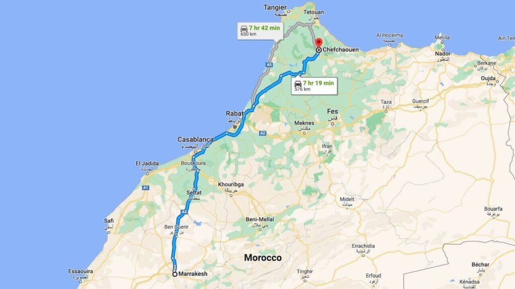 It takes about 7 hours and 19 mins for getting from Marrakech to Chefchaouen Morocco