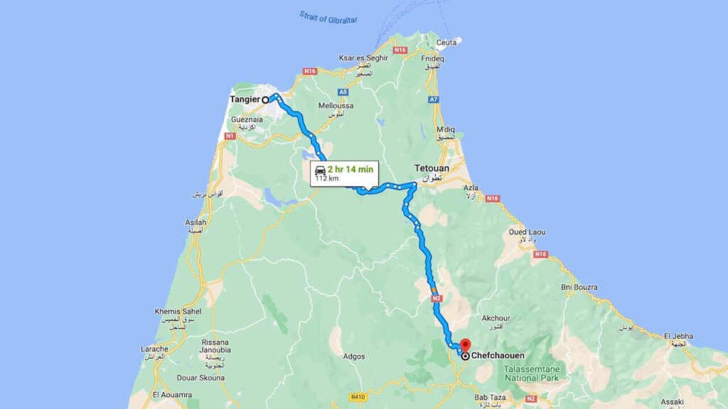 It takes about 2 hours and 14 mins for getting from Tangier to Chefchaouen