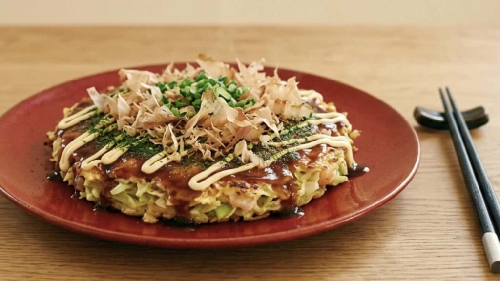 Japanese Okonomiyaki savory pancake topped with bonito flakes, seaweed, and mayonnaise