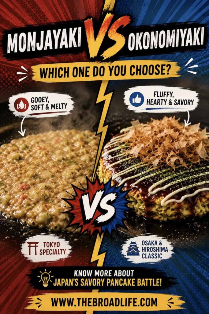 Monjayaki vs Okonomiyaki, Japanese savory pancakes compared in a food battle graphic