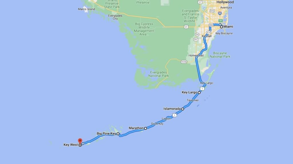 A map of Overseas Highway road trip