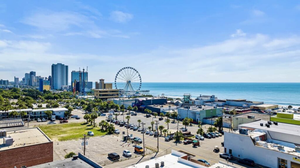 An aerial view of Myrtle Beach attractions and hotels