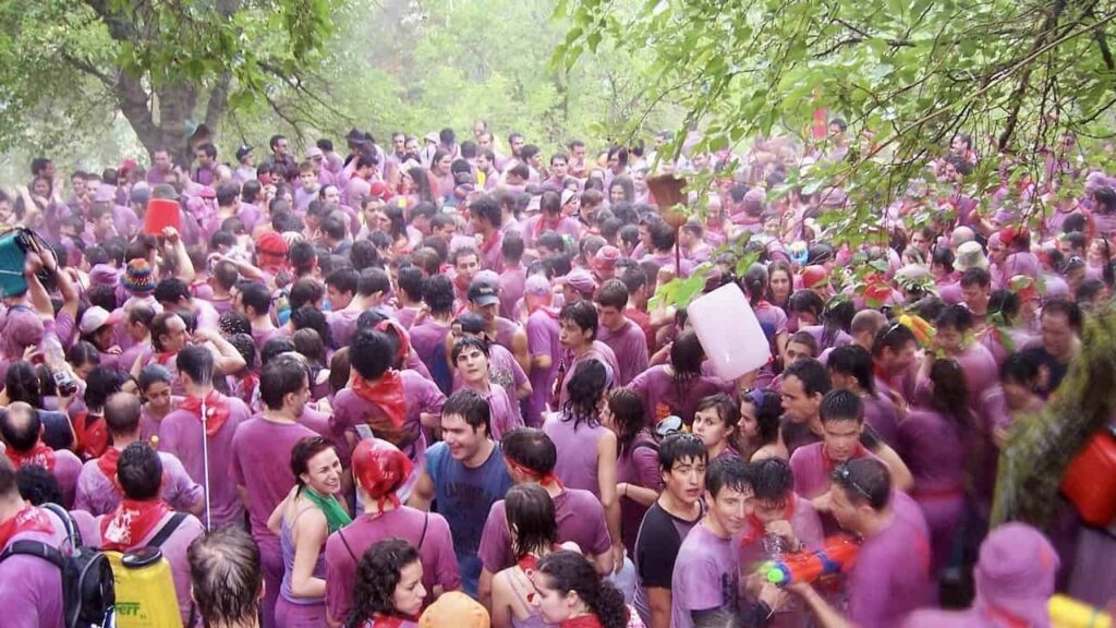 a lot of people are participating in the La Batalla del Vino in Haro Spain