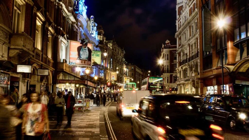 theatres in the west end of london at night