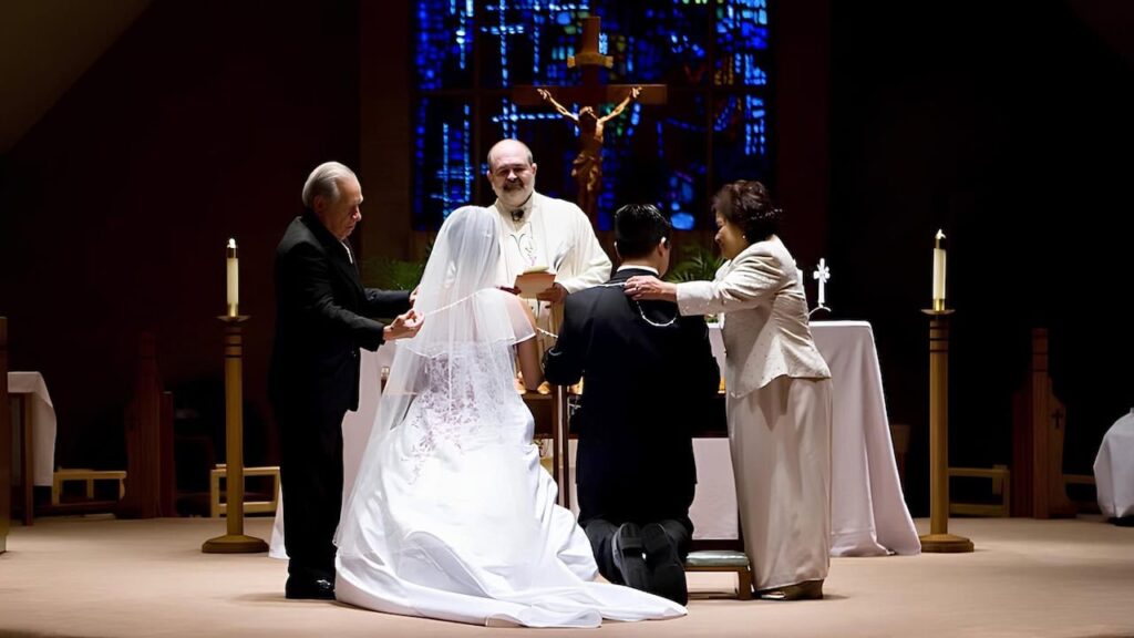 Latin wedding el lazo ceremony with unity cord placed around couple symbolizing cultural wedding traditions
