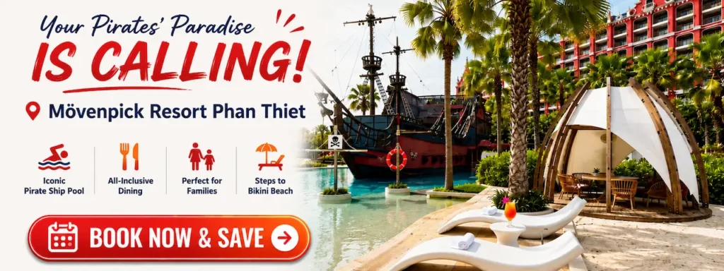Book your stay at Mövenpick Resort Phan Thiet featuring the iconic pirate ship pool, family-friendly facilities, all-inclusive dining, and luxury resort accommodations in Phan Thiet, Vietnam