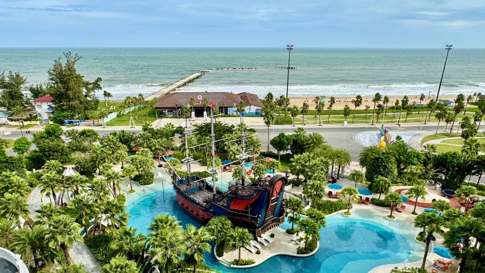 Aerial view of the pirate ship swimming pool at Movenpick Resort Phan Thiet near the beach in Vietnam