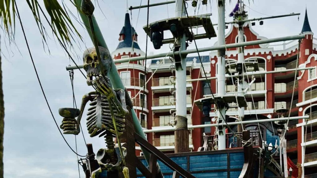 Pirate-themed decorative skeleton near the swimming pool at Movenpick Resort Phan Thiet