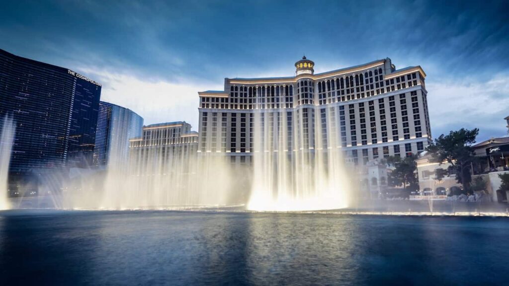 Bellagio Fountains performing in front of the Bellagio in Las Vegas