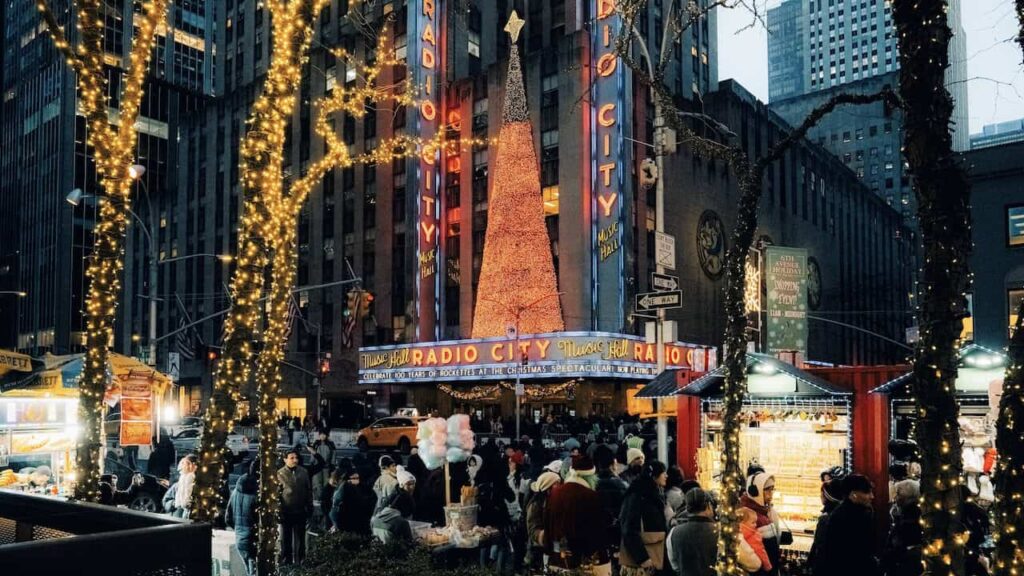 New York City decorated with Christmas lights and holiday decorations in winter
