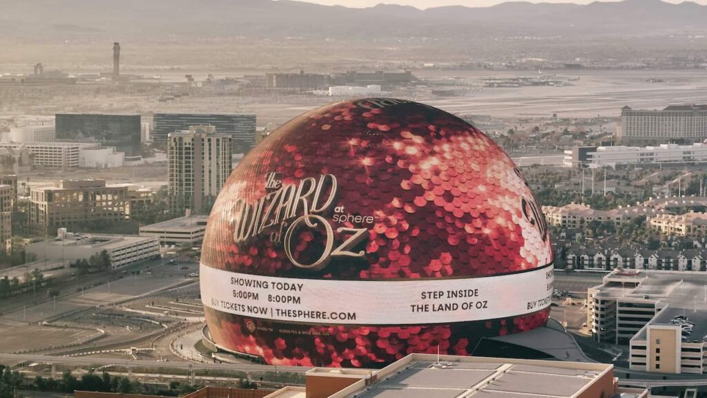 The Sphere in Las Vegas displaying The Wizard of Oz on its exterior