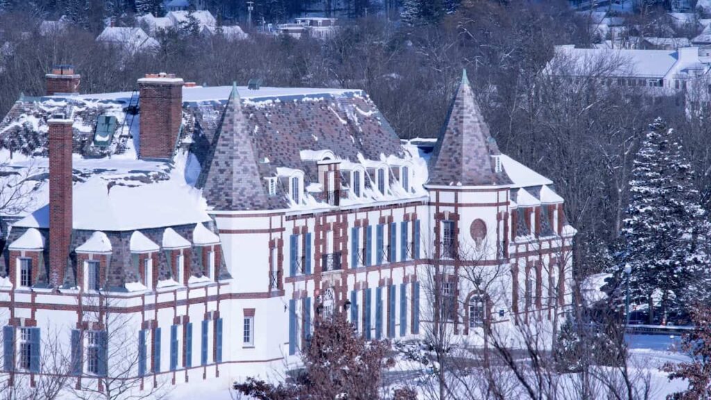 Snow-covered Stowe, Vermont, with historic architecture and winter scenery